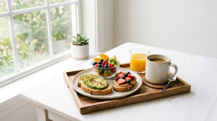 Fototapeta premium Avocado toast breakfast tray with coffee fruit and juice