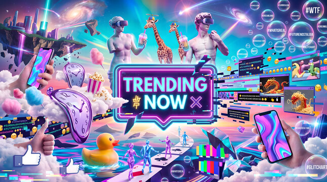 Surreal digital collage with trending now neon sign and vaporwave aesthetics featuring classical statues in virtual reality headsets.
