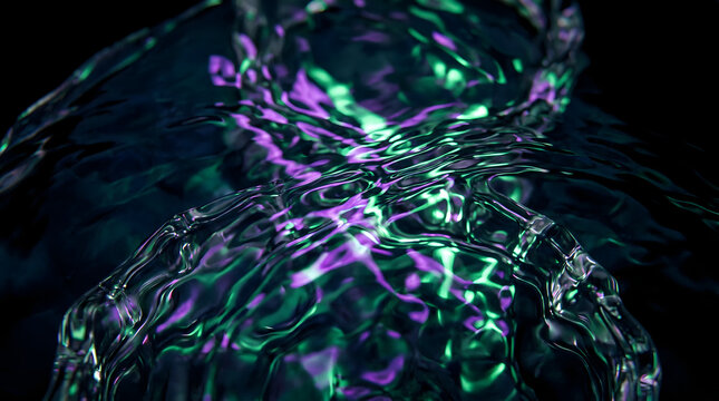 Vibrant emerald and violet light caustics dancing on moving water surface in darkness.