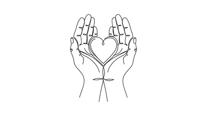 Fototapeta premium Minimalist continuous line art of two hands cupping a heart symbol.