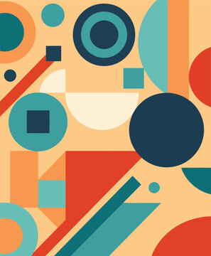 A vibrant and colorful abstract composition of various shapes and forms on a beige background