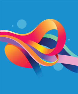 A vibrant and colorful abstract design featuring swirling ribbons of various hues against a bright blue background