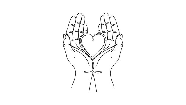 Minimalist continuous line art of two hands cupping a heart symbol.