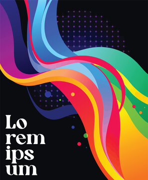 A vibrant and colorful abstract design with swirling patterns and bold typography on a dark background