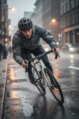 Fototapeta premium Man cycling fast through rainy city streets leaning into a sharp corner