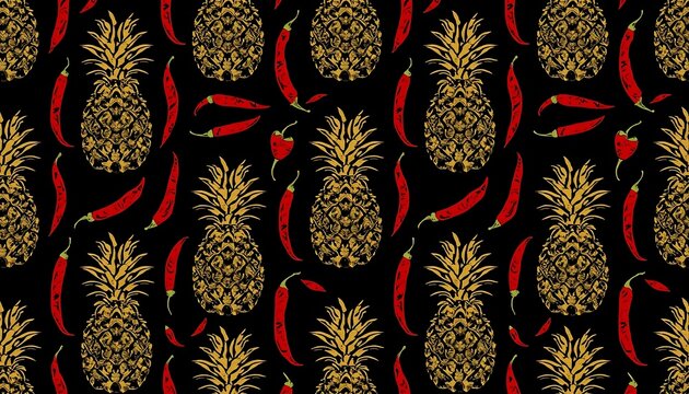 A striking and bold seamless pattern featuring golden pineapples and fiery red chili peppers against a dramatic deep black background.