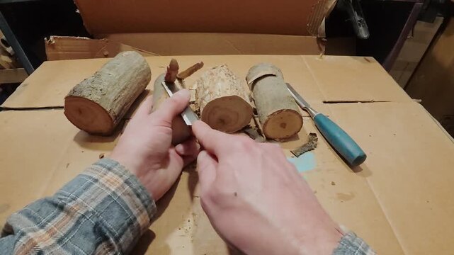 Artisan refining wood texture with a chisel. Meditative, soul craft carving process.