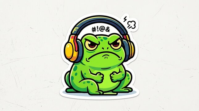 Angry frog wearing headphones, funny meme character, simple shapes, bold outline, bright green accents, sticker artwork