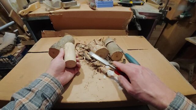Artisan refining wood texture with a chisel. Meditative, soul craft carving process.
