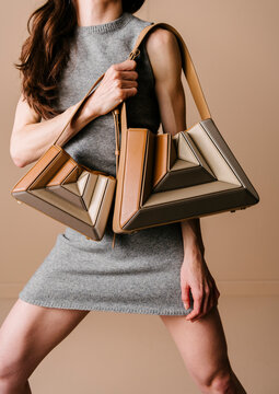 Geometric Leather Handbags Styled With Knit Dress