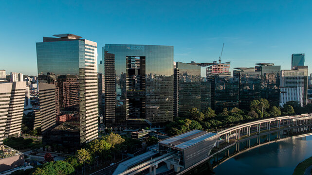 Aerial view of Pinheiros River and Berrini financial district skyscrapers at sunset, Sao Paulo, Brazil - Drone DJI Mavic 3