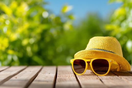 Bright Yellow Hat and Sunglasses on Wooden Surface with Summer Atmosphere