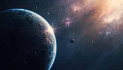 Obraz premium Dramatic sunrise over textured planet with distant moon and glowing cosmic nebula
