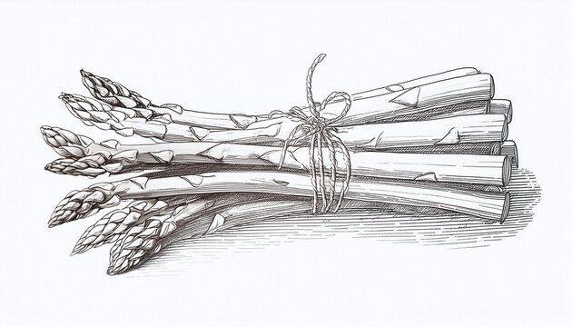 A detailed ink sketch of a bundle of asparagus tied with twine. Generative AI.