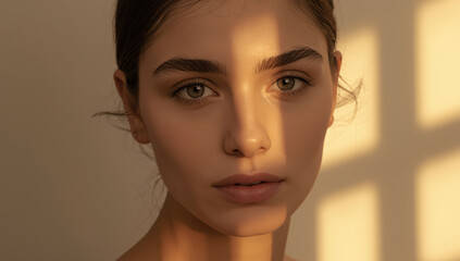 Naklejka premium Young woman portrait with soft window light and warm glow