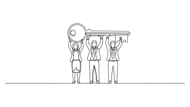 Continuous one line drawing of business team holding a large key together.
