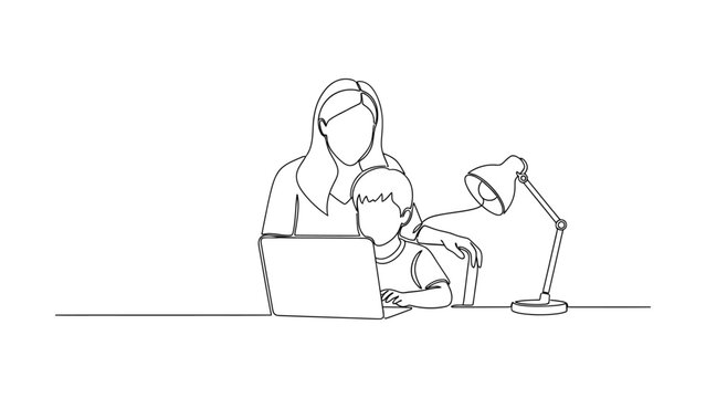 Continuous line drawing of mother helping son with homework on laptop.