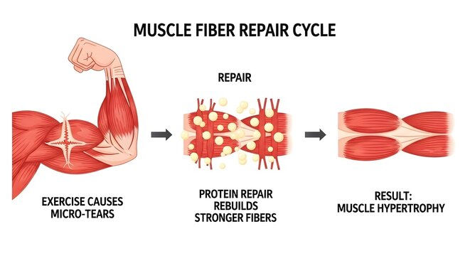 Muscle fiber repair process illustration isolated on white background
