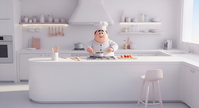 Modern 3D Chef Cooking in White Minimalist Kitchen with Corian Island