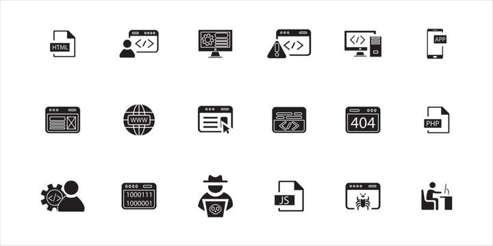programming coding icon set. website, program, developer, software and more. simple solid vector
