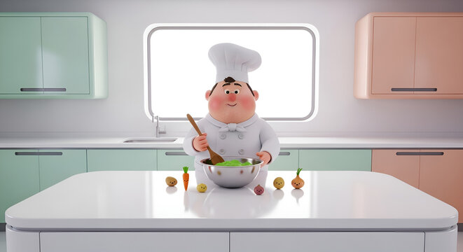Cute 3D Chef Preparing Food on White Corian Kitchen Countertop