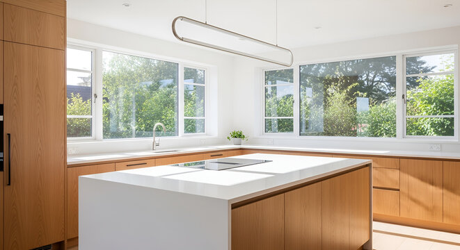 Modern Minimalist Kitchen with White Corian Island and Wood Cabinets