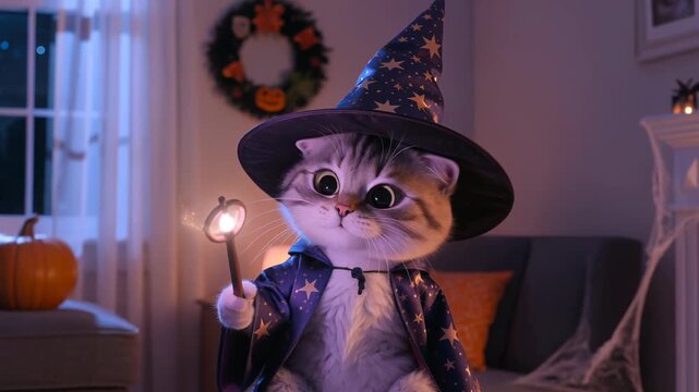 Cute cat wearing wizard costume with magic wand in spooky room for halloween. Small feline kitten dressed as magician holding glowing stick