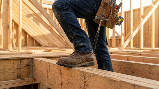 Construction worker standing on wooden floor joists at a building site with a tool belt and hammer