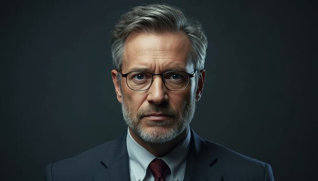 Middle aged man with glasses serious expression in suit and tie, professional portrait