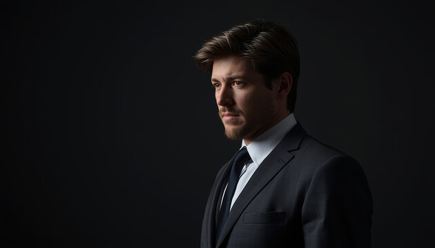Handsome businessman portrait in dramatic studio lighting, confident thoughtful expression