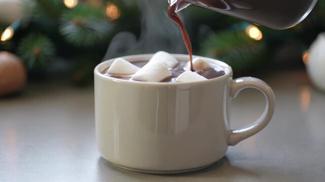 Hot chocolate being poured from a pitcher into a mug with marshmallows. Warm drink served in a festive setting for Christmas