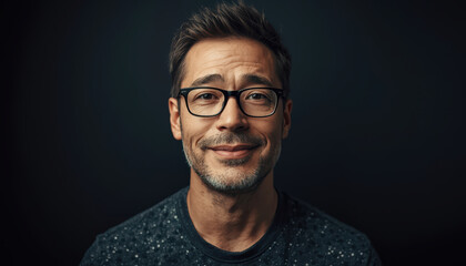 Fototapeta premium Middle aged man with warm smile wearing glasses and casual shirt, subtle studio lighting