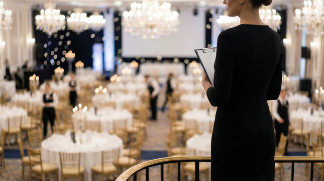 Event manager overseeing a banquet hall preparation with tables and chairs in a luxury hotel ballroom, holding a clipboard