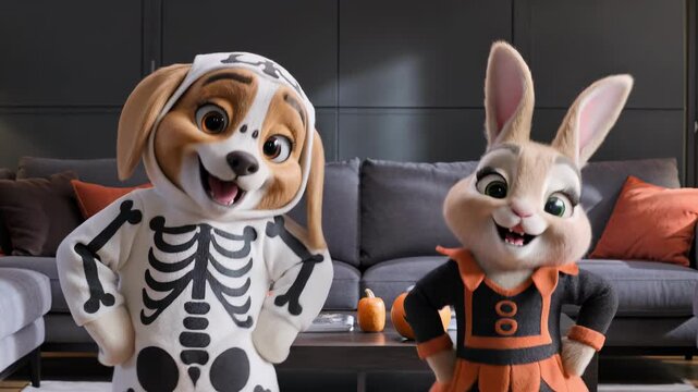 Dog in skeleton costume and rabbit in halloween outfit dancing in living room animation. Cute cartoon animals celebrating autumn holiday with jackolantern on table. Festive fur characters at home
