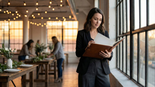 Professional woman reviewing a leatherbound portfolio or planner while standing by a large window in a bright, modern event space