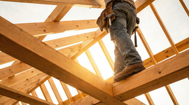 Construction worker walking on wooden roof beams of a new house under construction, low angle view with bright sunlight flare