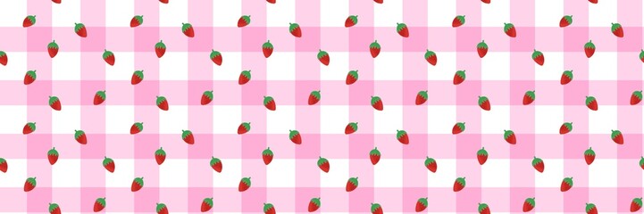 Cute strawberry pattern on pink gingham chequered background. Sweet red berry seamless texture for the cottagecore aesthetic and baby nursery. © MDC