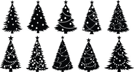 Fototapeta premium Set of ten black silhouettes of christmas trees with decorations isolated on white background