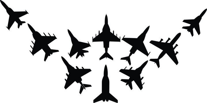 Set of black silhouettes of ten fighter jets flying in formation isolated on white background