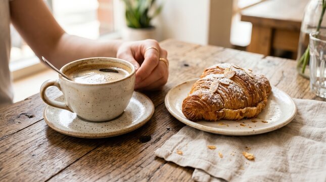 Coffee cup and almond croissant with hand at cafe table