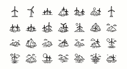 Naklejka premium Collection of minimalist line art icons featuring wind turbines in diverse landscapes, symbolizing renewable energy, sustainable power, and green technology.