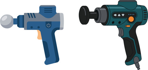 Vector illustration of handheld electric massage guns in different designs, representing muscle recovery devices and modern wellness equipment. © Muntaha Studio