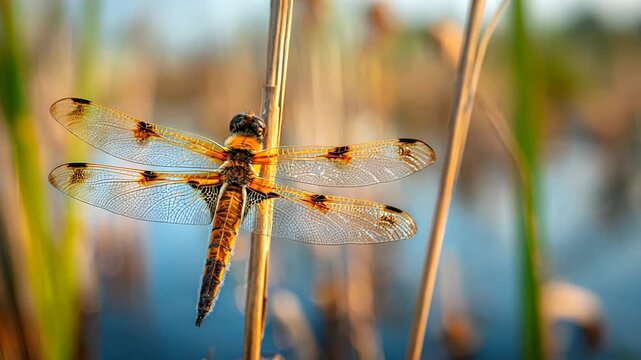 Dragonfly perched on a reed in a natural wetland environment, close-up shot.