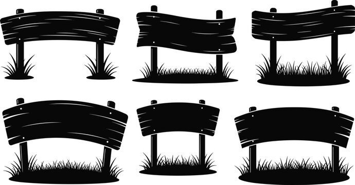 Wooden signboards vector set, blank rustic wood signs with grass, empty banners on posts