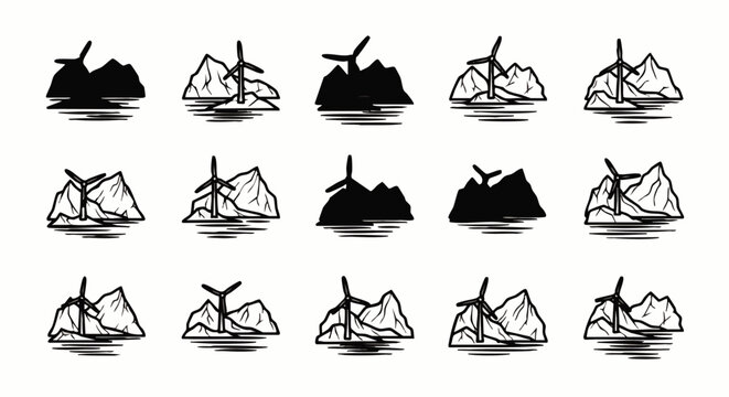 Collection of wind turbine and mountain landscape icons, representing renewable energy, eco-friendly power generation, and sustainable technology solutions.