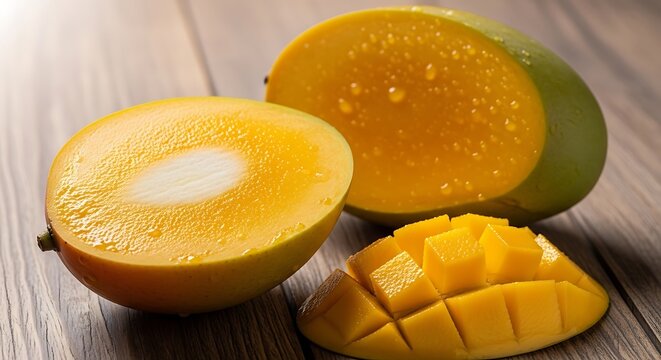 Freshly sliced ripe mango on wooden cutting board with whole fruit in soft natural light. ataulfo mango