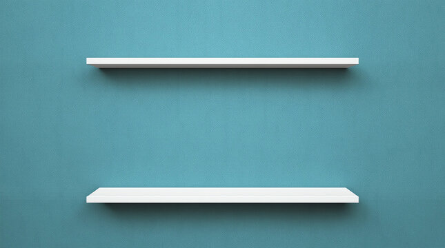 Front view of empty shelf on light green wall background with modern minimal concept. Display of room shelves for showing. Realistic 3D render