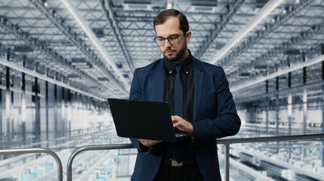 Portrait of cheerful man looking at data on laptop, improving microchips fabrication supply chain yield. Jolly manager visualizing semiconductors factory production line bottlenecks with notebook