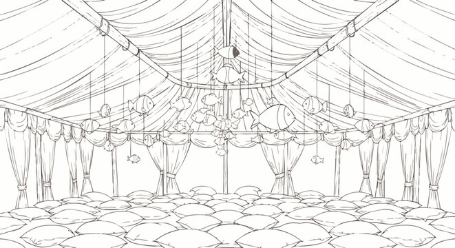 Sketch of a large, ornate tent interior with hanging lanterns and scattered floor cushions, creating a bohemian ambiance.