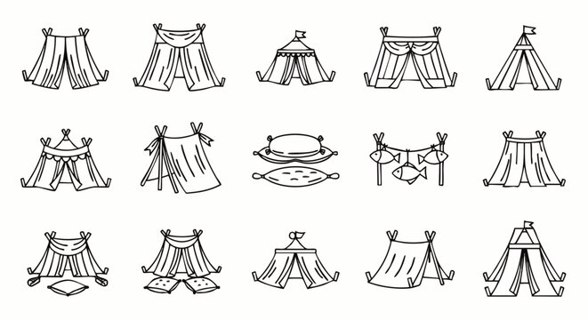 Collection of various outline tent icons for camping, outdoor adventures, glamping, and travel. Simple black and white vector illustrations set.